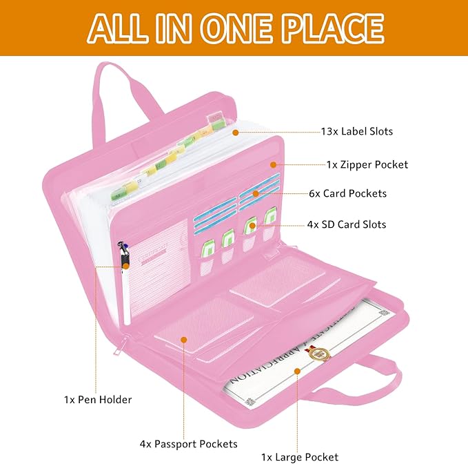 File Organizer Fireproof Expanding Accordion File Folder with Zipper Labels13 Pockets Document Organizer Holder Storage Box Bag for Business Office Receipt Home Travel