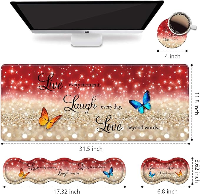 Ergonomic Keyboard Wrist Rest & Mouse Pad Wrist Rest Set,Large XXL Gaming Desk Mat 31.5"x 11.8",Non-Slip Base, Memory Foam,Easy Typing Pain Relief for Office & Home,Red Glitter Quote Live Laugh Love