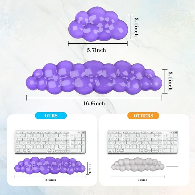 Gel Cloud Keyboard and Mouse Wrist Rest, Cute Wrist Support and Arm Support Keyboard Rest for Keyboard and Mouse Typing Pain Relief，Suitable for Office/Computer/Laptop/Gaming (Transparent Purple Set)
