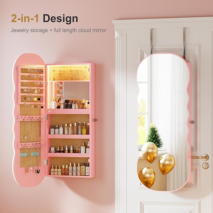 HNEBC LED Mirror Jewelry Cabinet,Wall or Door Mounted Jewelry Armoire Organizer with Lights,Lockable Wide Wavy Mirror with Storage,42.5" L Full Length Mirror with Jewelry Storage,Interior Mirror