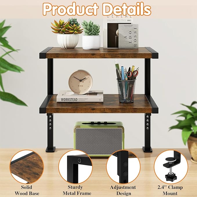 IBUYKE Clamp on Desk Organizer Shelf,12.9 inches Desk Extender Shelves, Above or Below Desk 2-Tier Adjustable Storage Shelves for Desktop Accessories,Rustic Brown,TMZ007H
