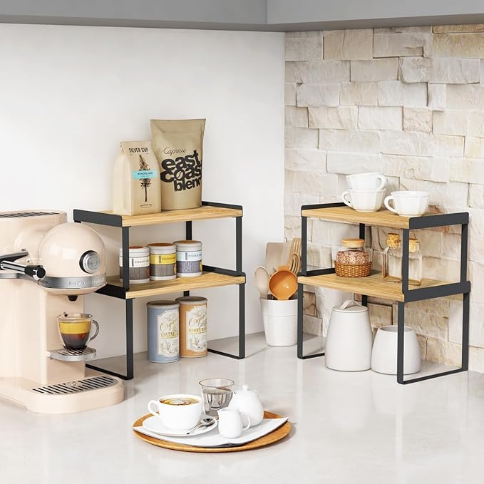 Kitchen Cabinet Organizer Shelf Set of 4, Pantry Organizers and Storage Shelves for Plates Dishes Cups Mugs, Cupboard Counter Cabinet Shelf Riser for Countertop (Bamboo Wood and Black Metal)