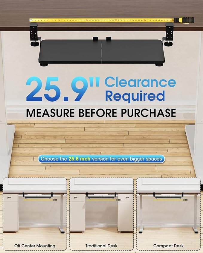 Small Keyboard Tray Under Desk, Pull Out Keyboard & Mouse Tray with Adjustable C-clamp, 20(25.9 Including Clamps) x 11.8 Inch Slide Out Computer Keyboard Drawer Mouse Tray for Typing, Black