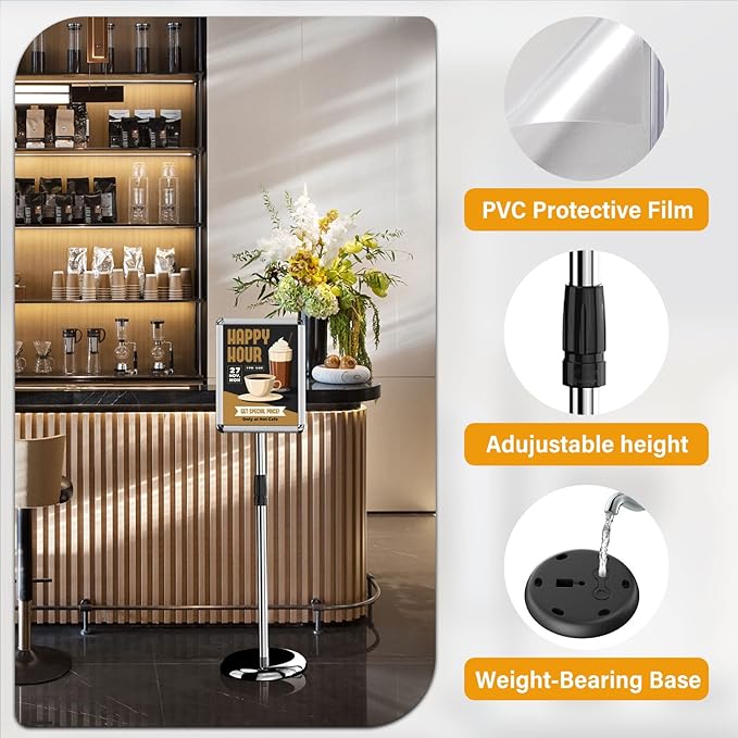 Sign Holder Poster Stand - 8.5 x 11 Inch Vertical & Horizontal Sign Stand Displayed Poster Holder - Round Corner sign holder for Display, Advertisement & Outdoor sign holder, Silver (1 Pack)