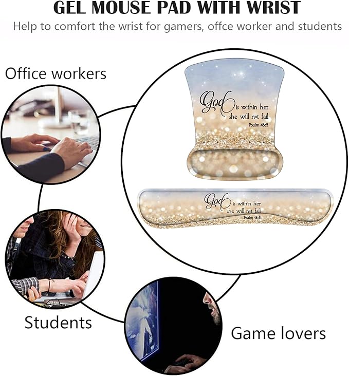 Keyboard Wrist Rest and Mouse Pad Wrist Support Set with Cute Coasters, Non-Slip PU Base Ergonomic Gaming Mousepad for Home Office Working Studying Easy Typing & Pain Relief, Bible Verses Psalm 46:5