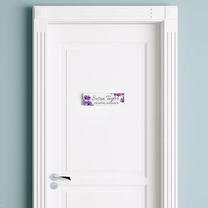 Artblox Personalized Office Desk Name Plate and Business Card Holder | Clear Acrylic Glass with Teak Wood Stand | Purple Orchids Design Customized with Your Name and Credentials Office Desk Decor