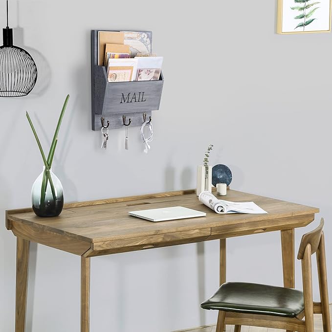 DLQuarts Mail Organizer with Key Holder for Wall Decorative Mail Sorter Wall Mounted, Wooden Mail Holder with 3 Hooks, Gray