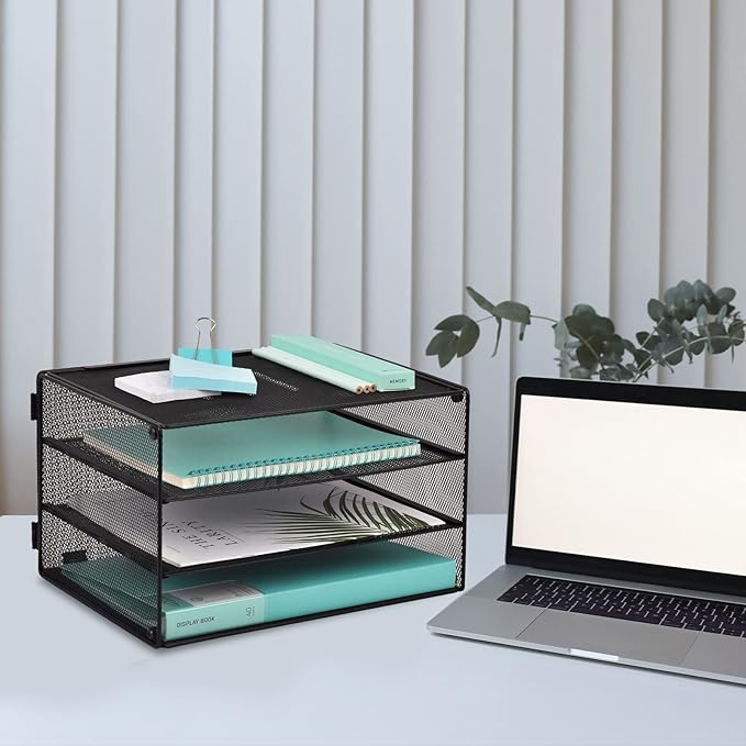 EASEPRES 3 Tier Mesh Desk Organizer Tray, File Paper Letter Folder Holder Desktop Paper Sorter Mail Organization Rack Storage Accessories, for Office Home School Classroom, Black