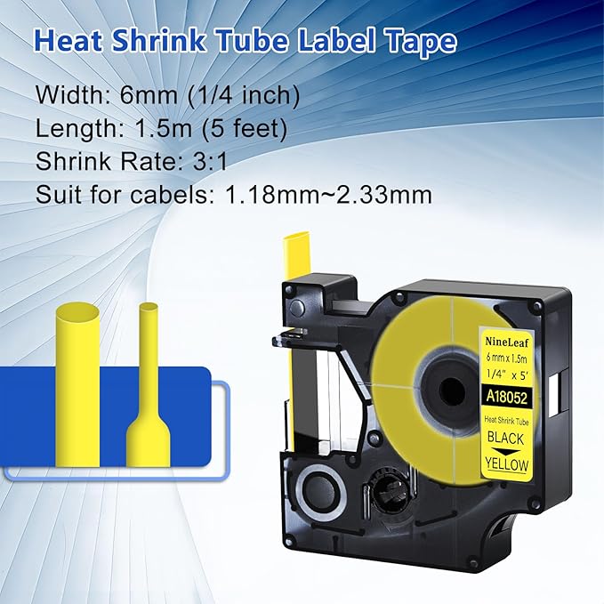 Nineleaf 10 Pack 6mm Heat Shrink Tube Compatible for DYMO Rhino 18052 1/4" Black on Yellow Industrial Wire Label Tapes for Rhino Pro 3000 4200 5000 5200 6000 3M Label Maker