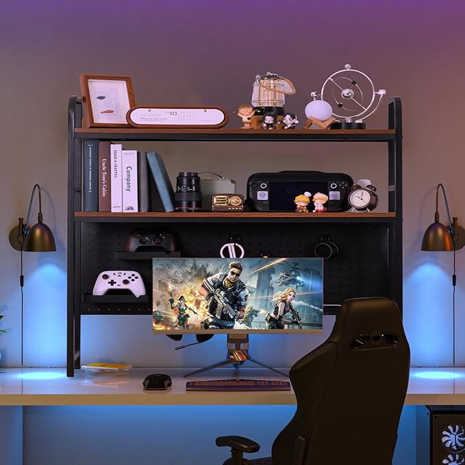 deli Desktop Bookshelf, Metal Desk Shelf Bookcase with Pegboard Hooks Set, 2 Tier Display Rack, Multipurpose Wood Desktop Hutch Storage Organizer for Dorm Office Home