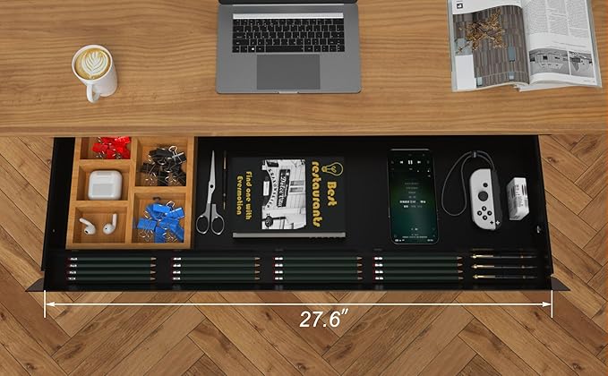 Large Under Desk Mounted Sliding Drawer with Bamboo Tray and 60 Degree Tilt Panel to Pull Out, 30'' Long & 13'' deep Large Storage Organizer for Sit Stand Workstation