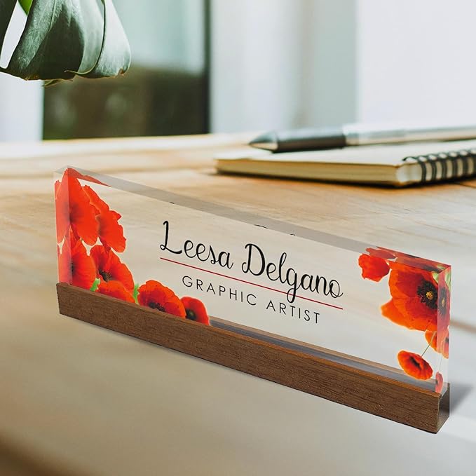 Artblox Office Personalized Name Plate for Desk with Business Card Holder On Clear Acrylic Glass Poppy Flowers Design Custom Desk Name Plate with Your Name and Credentials Customized Gift