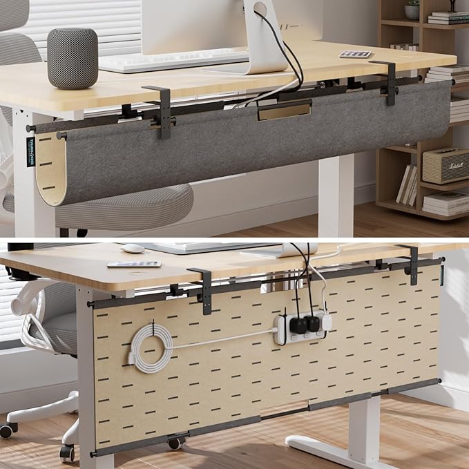 2-in-1 Under Desk Cable Management Tray & Privacy Panel, Dual-Sided Felt Cord Organizer to Hide Wires and Clutter, Desk Mount Cord Holder for Office and Home, Clamp or Screw Mount (Gray/Khaki, 45.3")