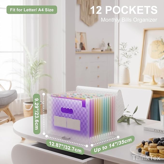 ThinkTex Accordion File Organizer, 12 - Pocket Expanding File Folders for Paper Receipts, Bills&Taxes Organizer, Letter/A4 Size Document Holder for School, Office, Home with Colorful tabs-Purple