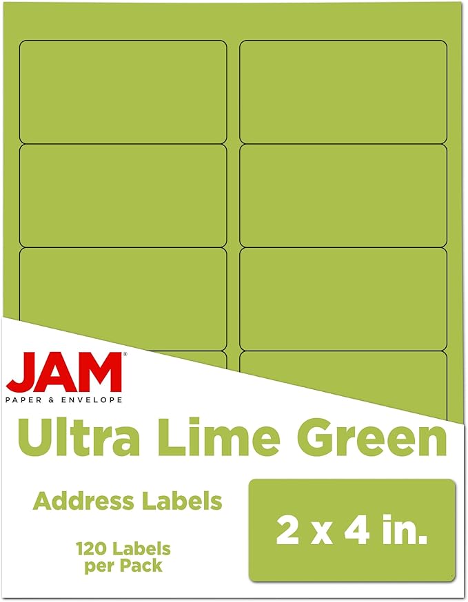 JAM PAPER Shipping Address Labels - Standard Mailing - 2 x 4 - Ultra Lime Green - 120/Pack