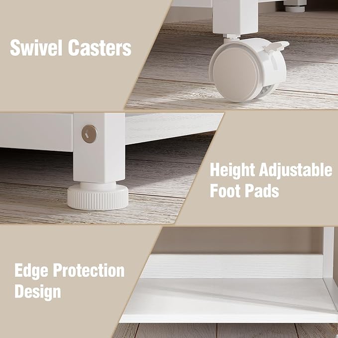 Large Printer Stand with Storage Fabric Drawer Under Desk Printer Table with Wheels for Home Office, Printer Cart fit Fax Machine Scanner 23.4"x15.7" (White, 2 Tiers)