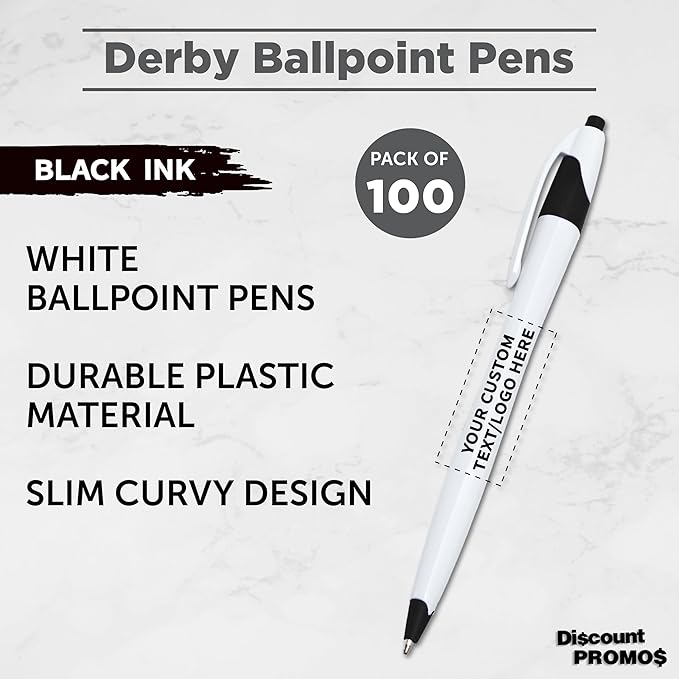 DISCOUNT PROMOS Custom Slim Curvy Ballpoint Pens Set of 100, Personalized Bulk Pack - Black Ink, Retractable, Great for Office, School, Tradeshows - Black