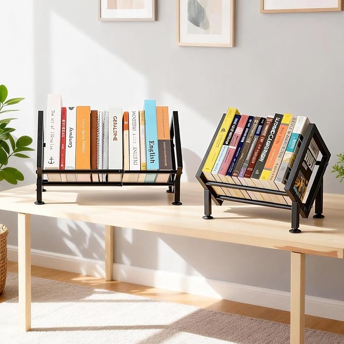 Adjustable Desktop Bookshelf Organizer, Set of 2 Tilting Tabletop Bookshelf in Office Home/Bedroom, Vinyl Record Storage Holder Book Rack for Magazine/CDs/Books/Vinyls Display