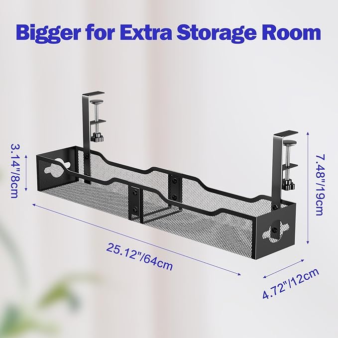 Under Desk Cable Management Tray 25.12", Extra Large Cable Management No Drill, Extended Cord Organizer with Adjustable Clamps, Black