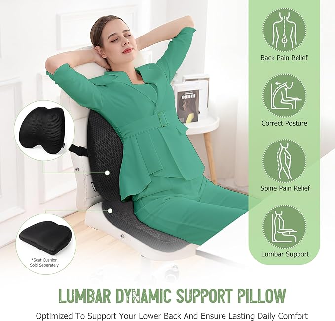 Lumbar Support Pillow Office Chair Car Back Pillow Ergonomic Lower Back Pain Relief Breathable Air Fiber Cushion with Hours Sitting on Worker Driver & Handicapped, Adjustable Strap (Black)