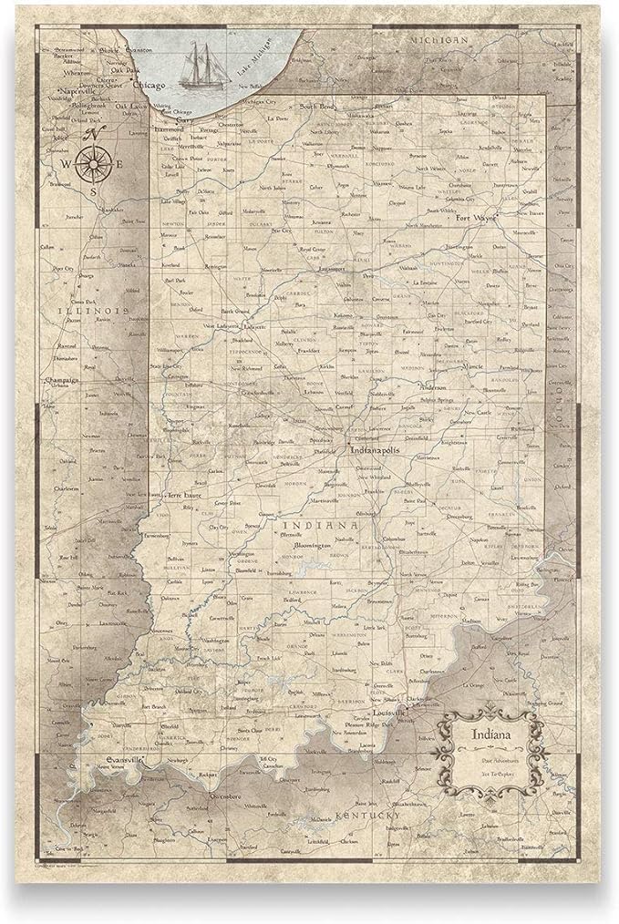 Conquest Maps Push Pin Indiana Map Board - With Push Pins to Mark Indiana Travels - Handmade in Ohio, USA - Design: Rustic Vintage