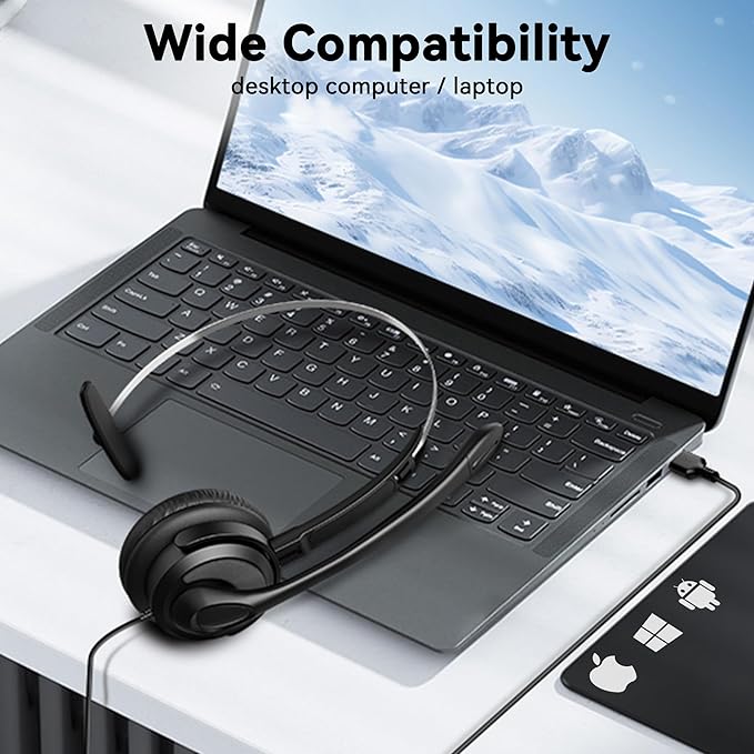 Voistek USB Headset with Microphone, Wired Computer Headset for Laptop/PC with Noise Cancelling Mic, Mono Headphones with in-Line Volume Control for Work, Office, Teams, Zoom, Skype, Online Class