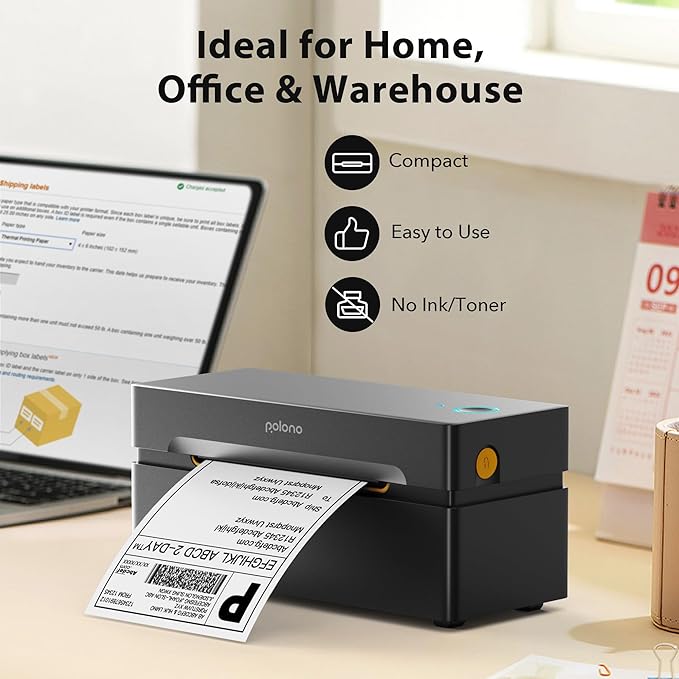 POLONO 4x6 Shipping Label Printer, Bluetooth Thermal Shipping Label Printer for Small Business, Support Android, iPhone and Windows, Widely Used for Amazon, Ebay, Shopify, Etsy, USPS, ect (Slate)