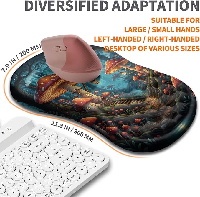 Ergonomic Joint Wrist Support Mouse Pad with Memory Foam Cushion Massage Bump, Carpal Tunnel Pain Relief Mousepad Slope Design for Wrist Rest, 11.8x7.9 in, Mushroom