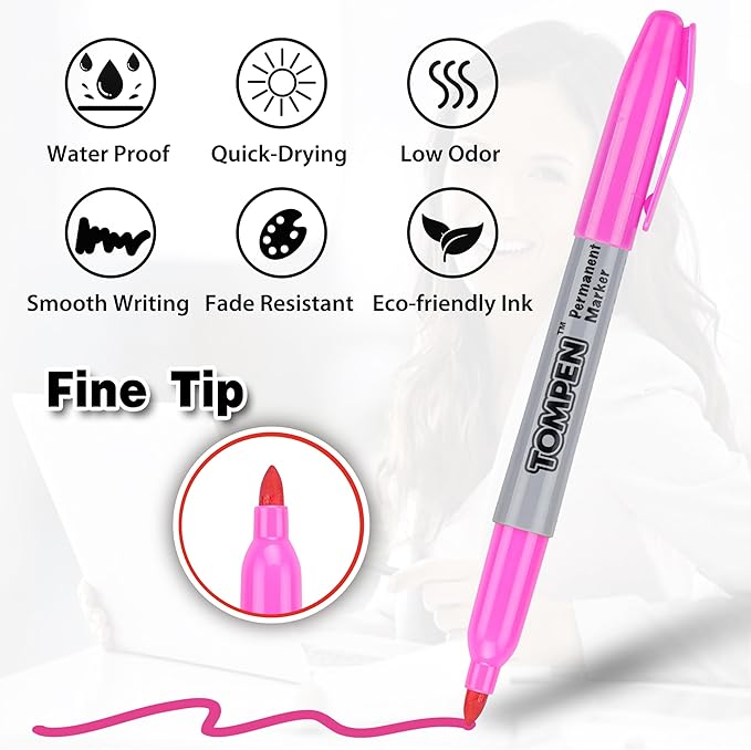 TOMPEN Permanent Markers Fine Tip 200 Pack Bulk,20 Assorted Colors,Waterproof Permanent Marker with Quick Drying on Valentine's Day card,Wood,Plastic,Paper,Metal,Mirror for Office School Classroom