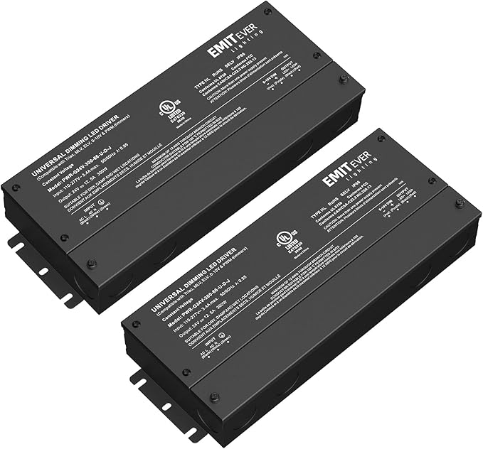 EMITEVER Dimmable Led Driver, 2 Packs 300W AC 110V-277V to DC 24V Transformer, 5-in-1 Dimming: ELV/MLV/TRIAC / 0-10V / 1-10V / 10V PWM/Potentiometer, Waterproof IP67 and UL Listed