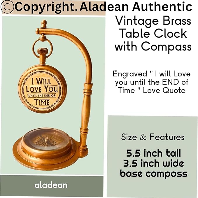 ALADEAN Brass Table Clock with Compass | Romantic Desk Clock - Decorative Vintage Mechanical Clock Lovers Boyfriend/Husband Birthday/Wedding Gifts (Love You)