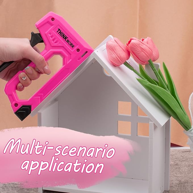 THINKWORK Light Duty Staple Gun, Pink Upholstery Staple Gun for Wood with 1600pcs JT21 Staples 1/4", 5/16", 3/8" and Staple Remover, Women Fabric Stapler Gun for Crafts, Wall, Arts, DIY, Decoration