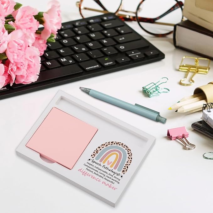 Speech Pathologist Sticky Note Holder for Desk, Appreciation Gift from Coworker Teacher Client, Rainbow Office Organizer for Women Men, Thank You Desk Decor for SLP Professionals TZP144