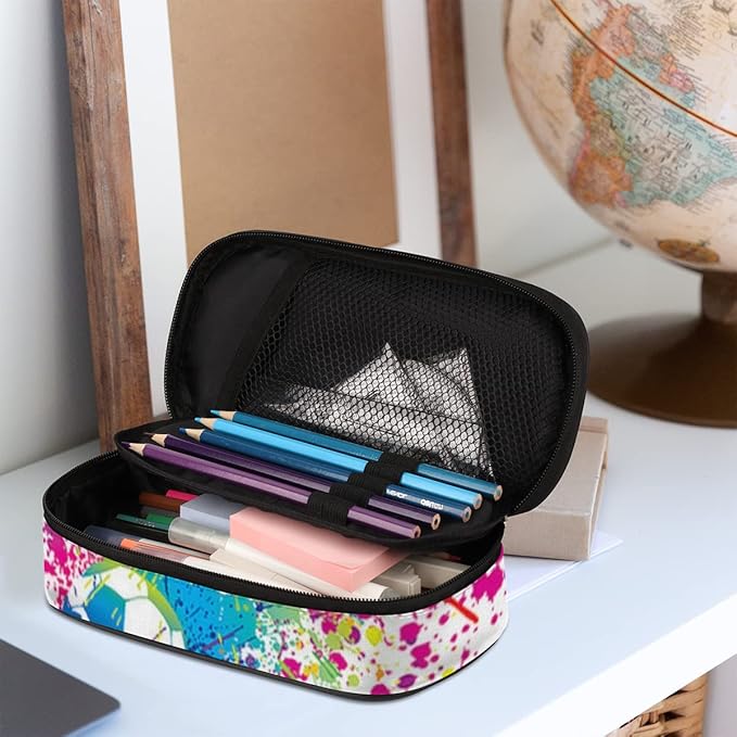 Pardick Watercolor Football Big Capacity Pencil Pen Case Soccer Large Pencil Pouch with Zipper Compartments Pencil Bag for Boys Girls Adults Student Office School Supplies