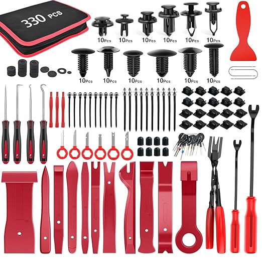 GOOACC 330Pcs Trim Removal Tool, Auto Push Pin Bumper Retainer Clip Set Fastener Terminal Remover Tool Adhesive Cable Clips Pry Kit Car Panel Radio Removal Auto Clip Pliers, Red