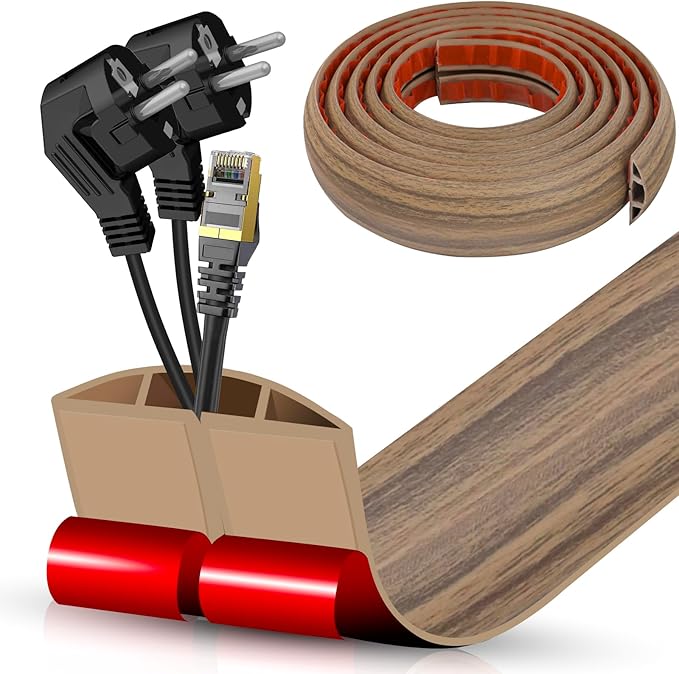 Floor Cord Cover Cavity 0.8"x0.37" Self Adhesive Cord Hider, 10FT Low Profile Cable Management, Extension Strip Protector for Wires, Prevent Cable Trips for Offices, Gyms,(Wood Smoked Brown)