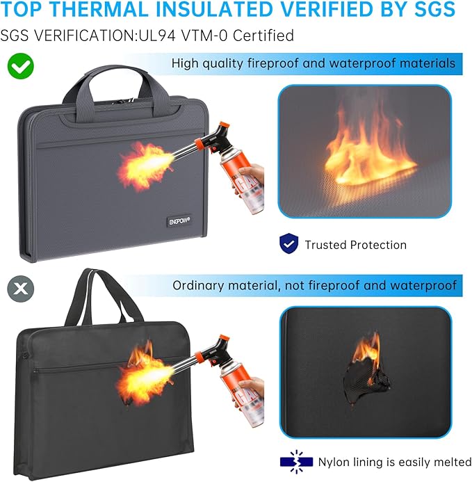 ENGPOW Accordion File Organizer,Fireproof Expanding File Folder with Multi Pockets,13 Pockets Document Organizer Bag with Handle & Labels,Portable Home Travel Safe Storage for Letter A4 Files,Gray