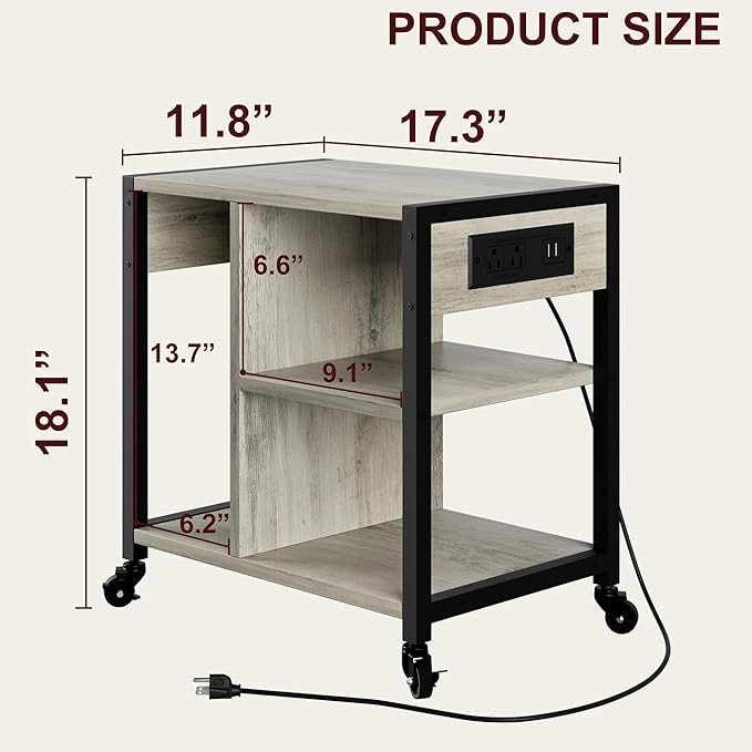 GarveeLife Small Printer Stand with Power Outlets, Rolling Printer Table with Lockable Wheels, Under Desk Printer Cart with Storage, Utility Storage Cart for Home, Office, Gray