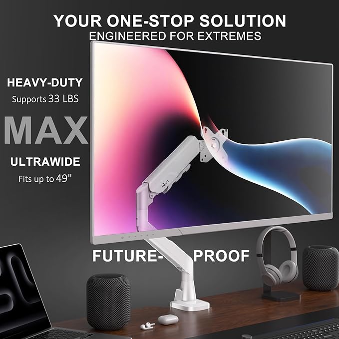 WALI Heavy Duty Single Monitor Arm for 17-49 Inch Flat Curved Ultrawide Screens, up to 33 Lbs, Adjustable Gas Spring Single Monitor Desk Mount for Home Office Gaming, VESA 75/100mm (GSM001XLNW), White