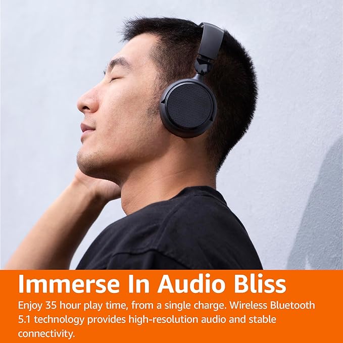 Amazon Basics Bluetooth Headphones Wireless with Microphone, On Ear, 35 Hour Playtime, Foldable, One Size, Collapsible Travel Friendly, Black