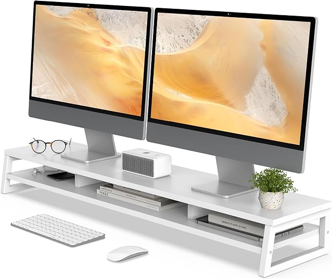 Fenge Dual Monitor Stand for Desk, 42.5in Large Monitor Riser for 2 Monitors, 2 Tier Computer Office Desk Top Shelf, Desktop Storage Stand for Laptop, PC, Computer, Printer