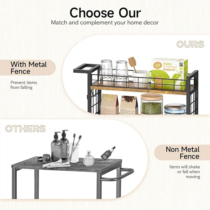 LASZOLA Slim Storage Cart with Wheels, 4 Tier Mobile Narrow Shelving Unit Organizer Utility Cart with Handle, Skinny Rolling Trolley for Small Space Kitchen Bathroom Laundry, Black and Rustic Brown