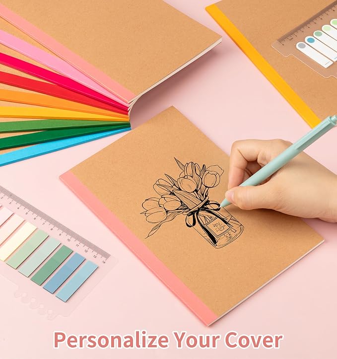 ALKALO 30 Pack Blank Notebook Journals Bulk, A5 Unlined Paper Composition Notebook, 8.3”x 5.5”, Kraft Cover with Rainbow Spines, 15 Colors 60 Pages for School Office Travel