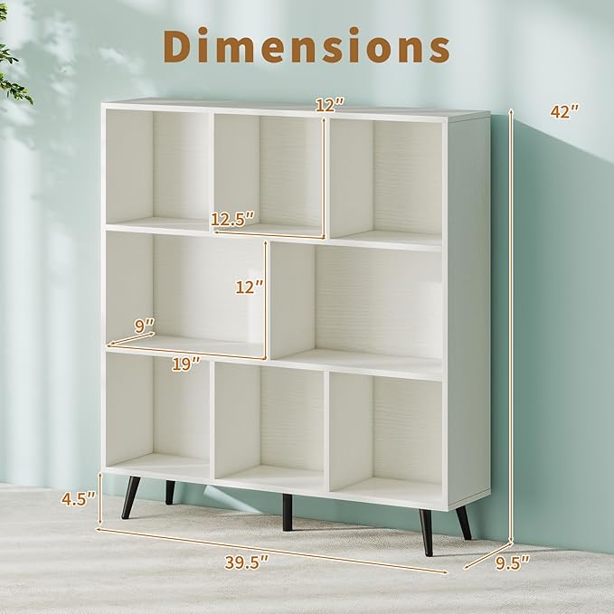 Tangkula 8-Cube Bookcase, Modern Storage Bookshelf with 5 Tapered Metal Legs & 2 Anti-Tip Kit, Freestanding Display Rack for Living Room, Study Room (8-Cube,White)