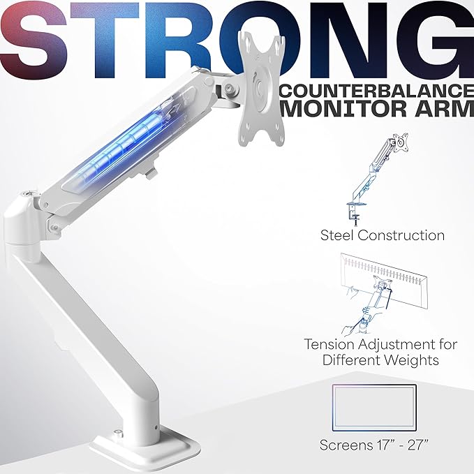 VIVO Heavy Duty Single Monitor Tension Arm for up to 27 inch Screens, Holds 14.3 lbs, Premium Desk Mount Stand, White, STAND-V101OW