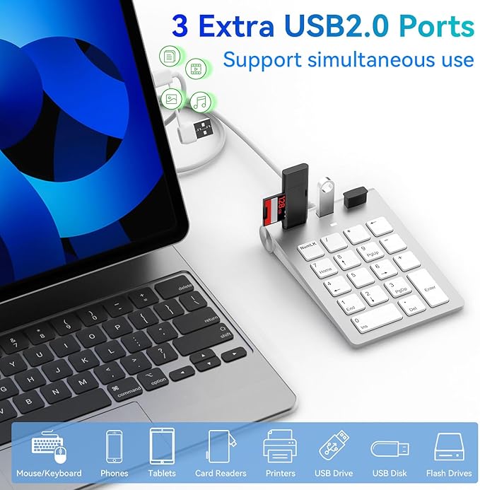 Wired Numeric Keypad USB-C & USB-A - 18 Keys Number Pad with 3 USB 2.0 Port, 15° Ergonomic Numeric Pad for Laptop/ Desktop/ Surface/ iPad, USB Number Keypad for Windows/macOS/Chrome OS, Plug & Play
