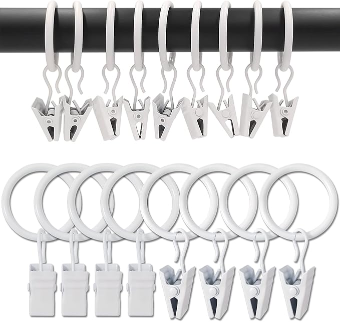 AMZSEVEN 100 Pack Metal Curtain Rings with Clips, Drapery Clips with Rings, Drapes Rings 1 inch Inner Diameter, Fits Diameter 5/8 inch Curtain Rods, White