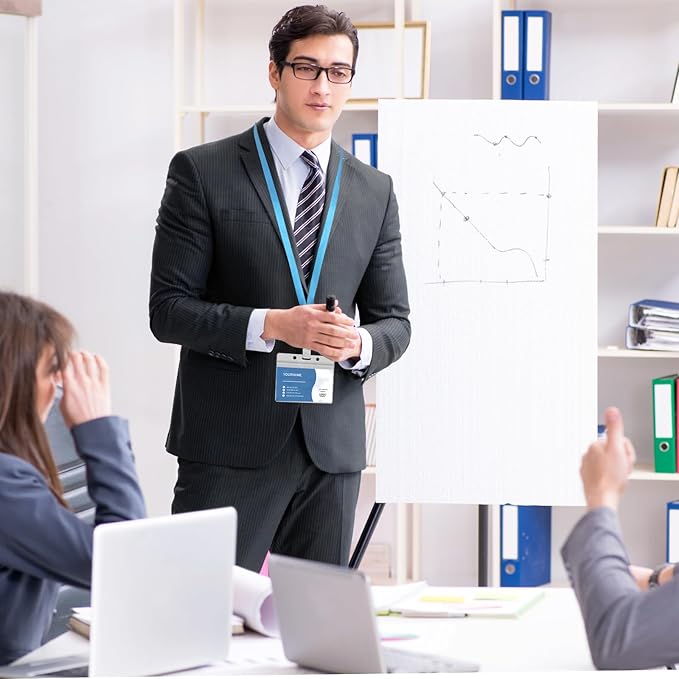 100 Pcs Lanyards for ID Badges and 100 Pcs Clear Name Tag Holders Reusable Lanyard with Clip Plastic ID Card Badge Holder Name Badges for Adults Kids Business School Office Supplies (Light Blue)