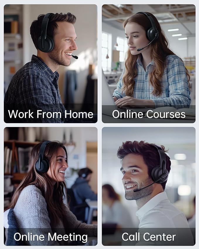 Masajoy Wireless Headset with Mic for Work with AI Noise Cancelling Mic for Clear Calls, Bluetooth V5.3 Headphones with Microphone to USB A/C Dongle & Mic Mute for Computer Laptop PC iPhone (Black)