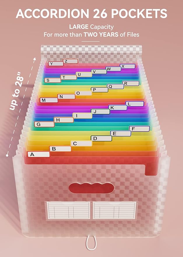 ABC life 26 Pockets Accordion File Organizer, Expanding File Folder, Portable Monthly Paper Bill Tax Receipt Organizer, Letter A4 Size Document Organizer with Labels - Pink